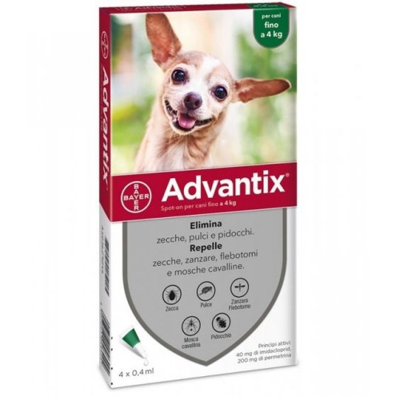 Advantix Spot On Cani 0-4 kg 4 Pipette Pulci e Zecche | Antiparassitario contro pulci, zecche e pidocchi. Per Cani fino a 4 kg.