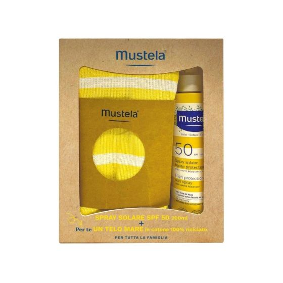 Mustela Spray Solare 200 ml Kit con Telo Mare in Omaggio | Cofanetto con Latte Protettivo Spray e Telo Mare.