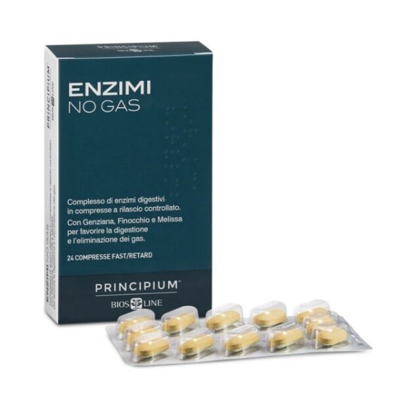Principium Enzimi No Gas 24 compresse | Integratore alimentare con Enzimi Digestivi ed estratti fitoterapici utili per ridurre gonfiore e tensione addominale.