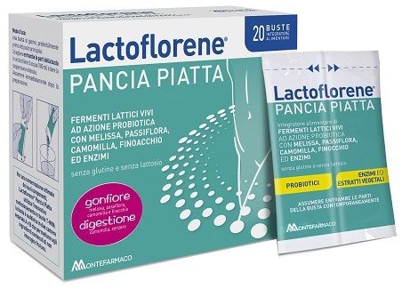 Lactoflorene Pancia Piatta 20 Bustine | Integratore di Probiotici ed Enzimi con Estratti Vegetali utili per il gonfiore addominale.