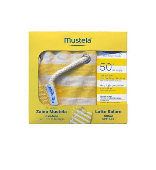 Mustela latte solare spf 50+ 100ml zaino in cotone in omaggio