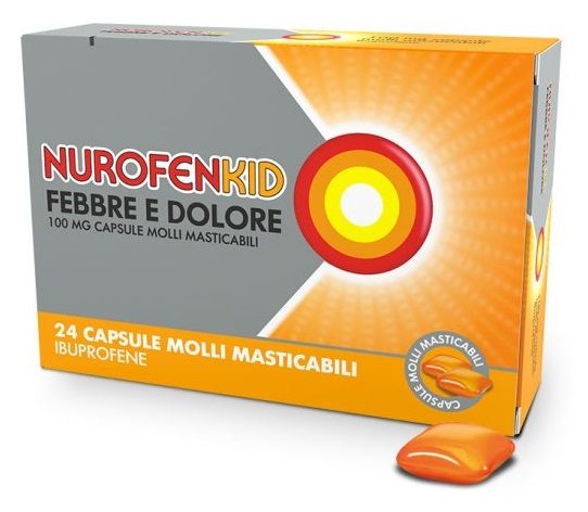 Nurofenkid Febbre e Dolore 24 Capsule Masticabili Ibuprofene 100mg | Ibuprofene masticabile per bambini.