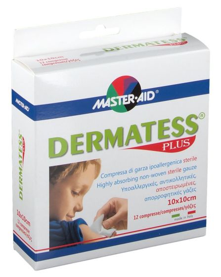 Master Aid Dermatess Plus 10cmx10cm 12 Pezzi.| Compresse di Garza Sterile per la Pulizia e la Disinfezione delle Ferite.