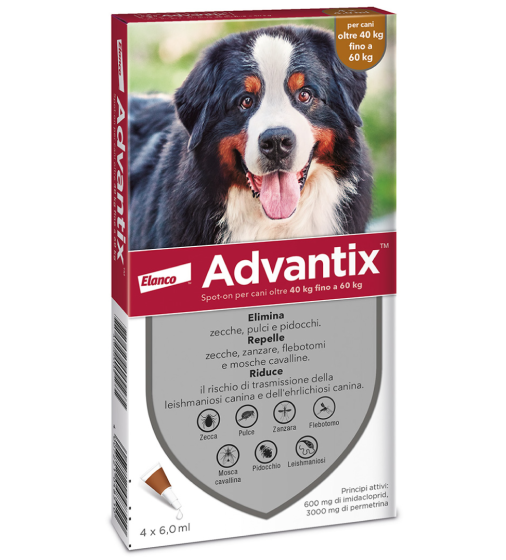 Advantix Spot On Cani 40-60 kg 4 Pipette Pulci e Zecche | Antiparassitario contro pulci, zecche e pidocchi. Cani da 40 a 60 kg.