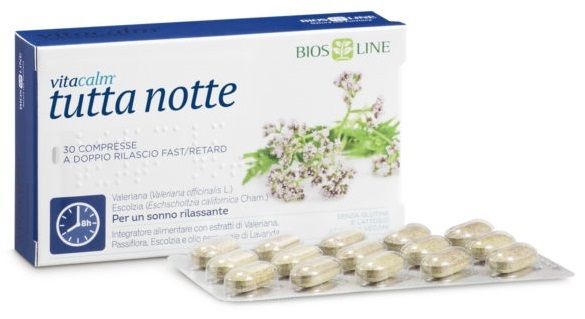 Biosline Vitacalm Tutta Notte 30 Compresse Bistrato | Integratore Naturale per il Buon Sonno e per Ridurre i Risvegli Notturni.