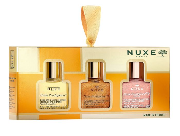 Nuxe Cofanetto Mini Oli Prodigiosi 2024 | Mini cofanetto con minitaglie dell'olio Nuxe Classico, Oro e Oro Florale.