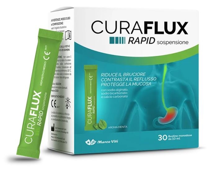 Curaflux Rapid Sospensione Reflusso 30 Bustine Liquide | Dispositivo Medico contro il Reflusso Acido e la Sintomatologia ad esso correlata.