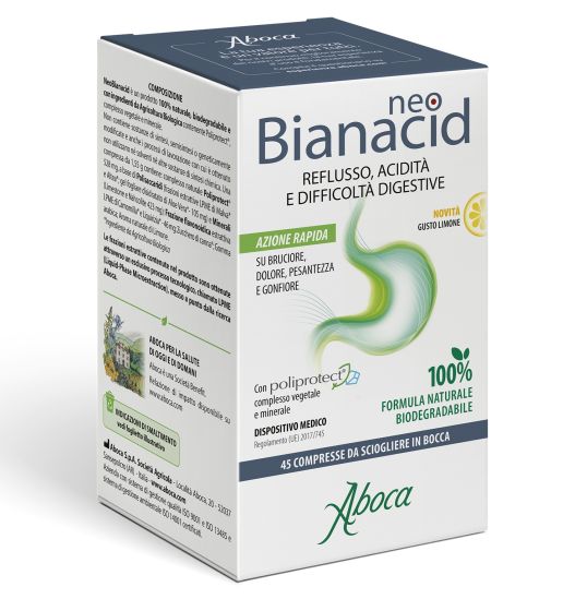 NeoBianacid Aboca 45 Compresse Masticabili Gusto Limone | Dispositivo Medico per Gastrite e Reflusso.