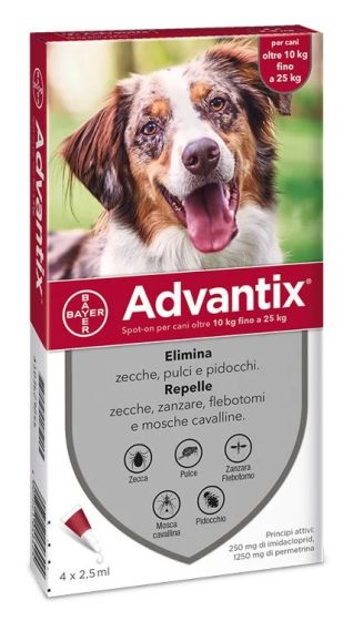 Advantix Spot On Cani 10-25kg 4 Pipette Pulci e Zecche | Antiparassitario contro pulci, zecche e pidocchi. Per Cani da 10 a 25 kg.