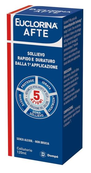 Euclorina Collutorio Afte Senza Alcool 120ml | Collutorio per Afte e Lesioni della Bocca con Acido Ialuronico ad Azione Protettiva e Riparatrice.